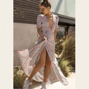 Flynn Skye Celeste Maxi Wrap Dress Size S Striped Floral Gray White Red Plunge